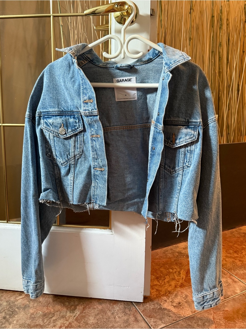 Garage Light Blue Cropped Denim Jacket with Raw Hem